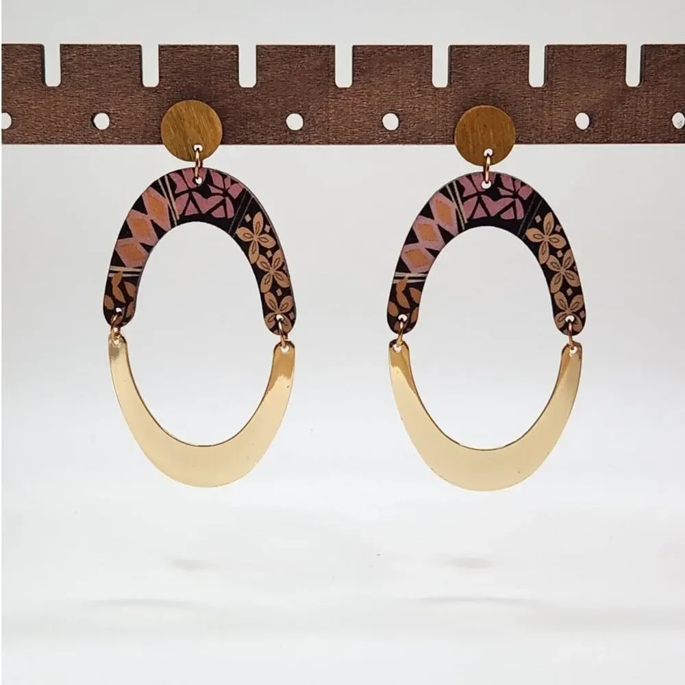 Boho Oval Geometric Wood and Gold Tone Metal Mixed Media Dangle Earrings